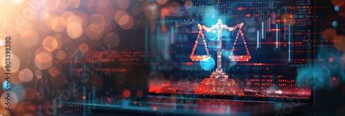 a laptop screen displays digital scales surrounded by glowing data streams  symbolizing the intersection of artificial intelligence and justice in law 