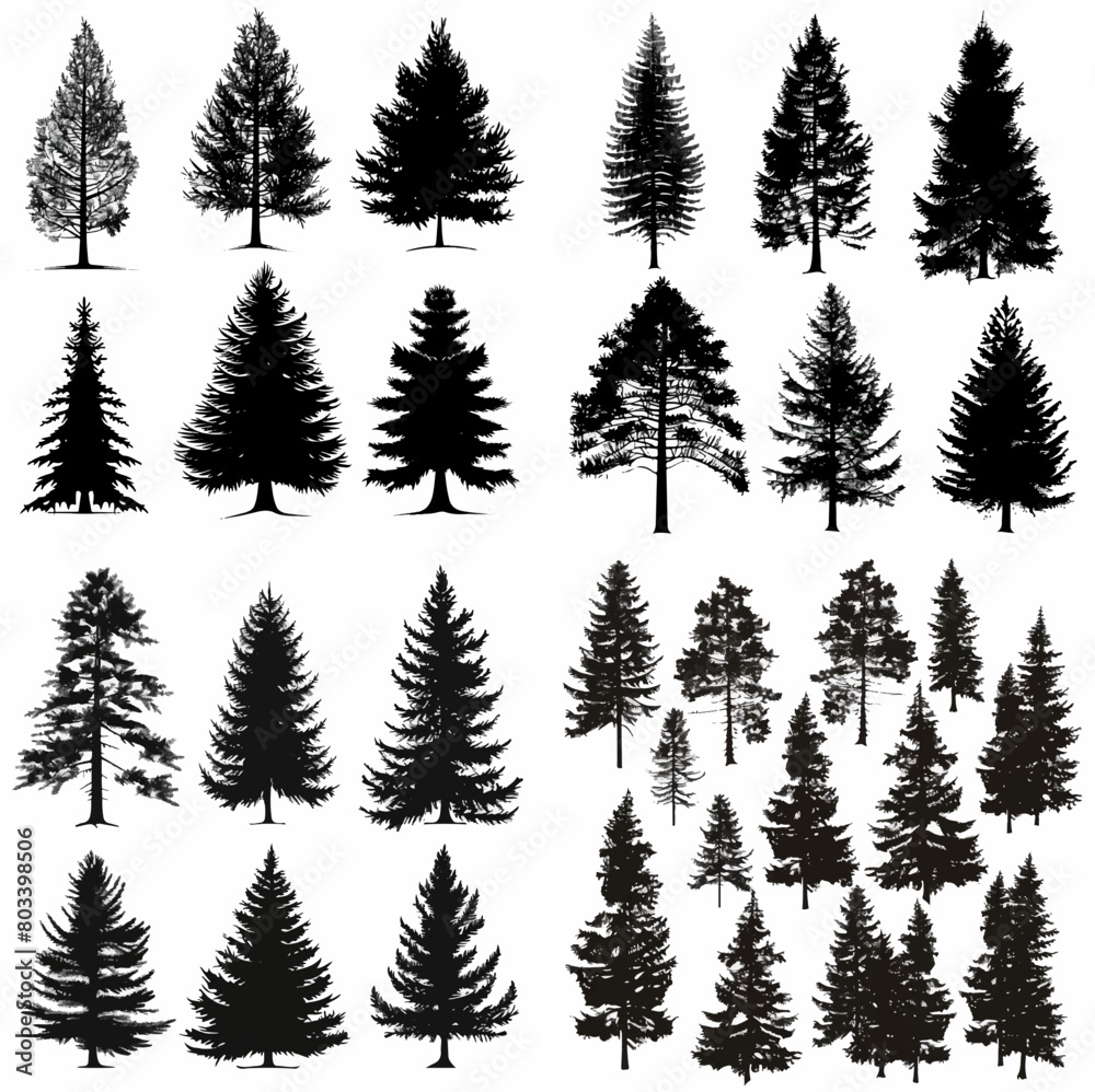 Obraz premium black tree silhouette set pure badge eco outline recreation breath emblem label protection graphic pine trunk woodland