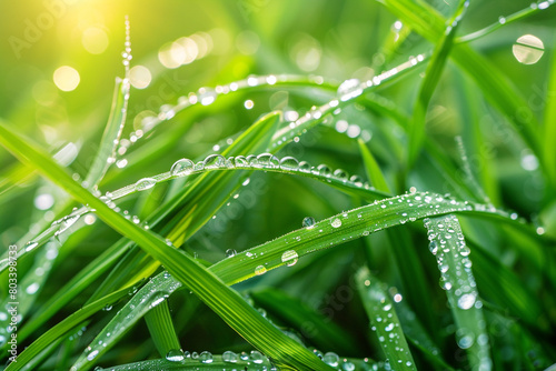 A close-up of dewdrops glistening on blades of grass in the morning sun.
