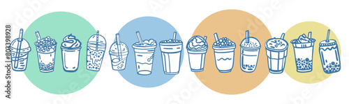 Hand drawn bubble milk tea set with cute doodle decoration. Boba milk tea and yummy drinks illustration. Cold tea. Realistic. Vector illustration.