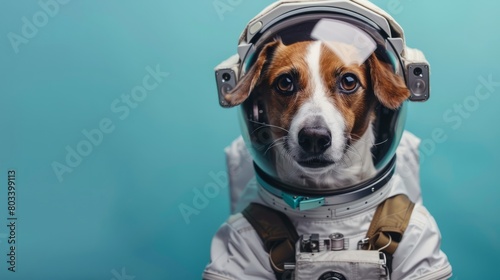 astronaut dog portrait isolated on blue background hyper realistic  photo