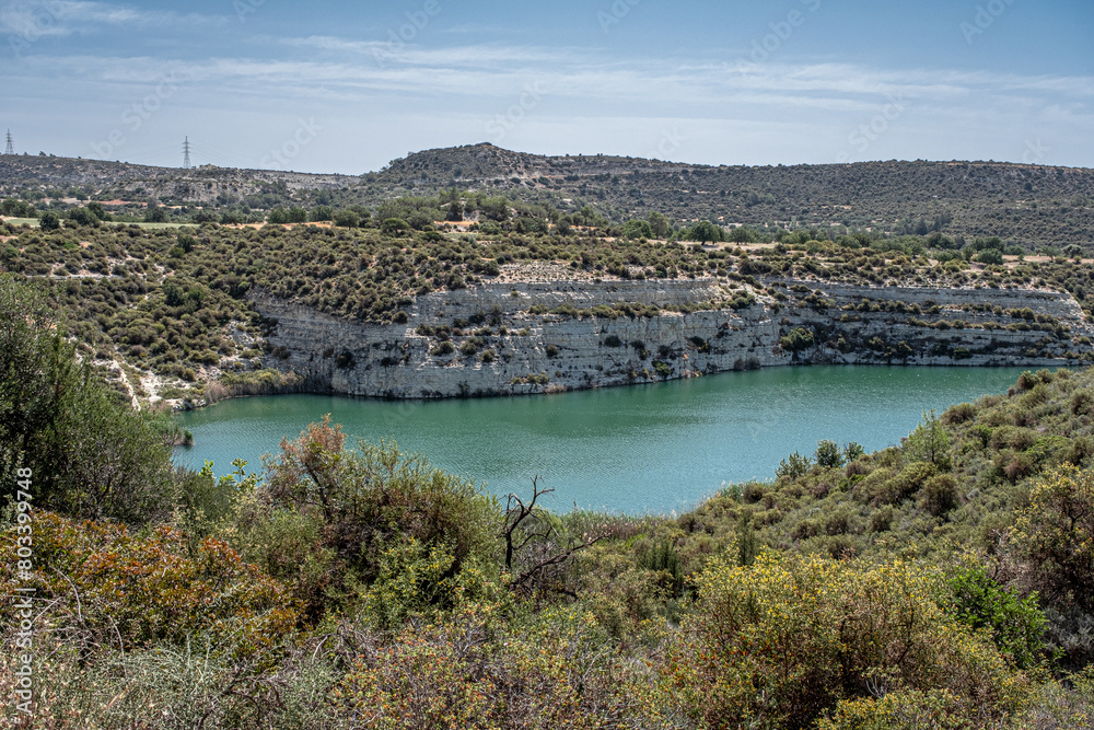 View of Symvoulos Dam and the water Reservoir, as seen from the circular walk around the lake, located near Satira village, west of Limassol, Cyprus  