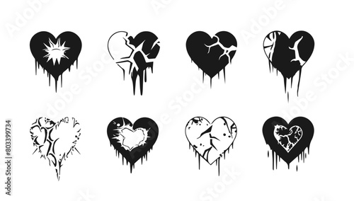 Broken heart gothic set vector illustration. Love symbol romance emo and sticker icon isolated white. Fashion shape silhouette abstract art and grunge decoration cartoon