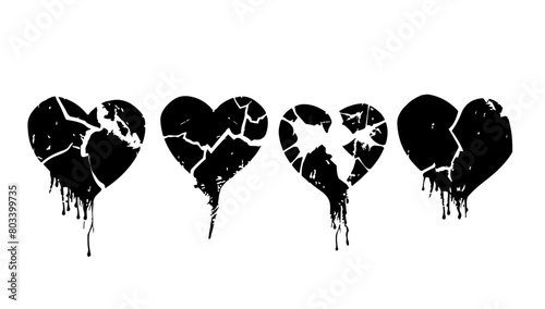Broken heart gothic set vector illustration. Love symbol romance emo and sticker icon isolated white. Fashion shape silhouette abstract art and grunge decoration cartoon