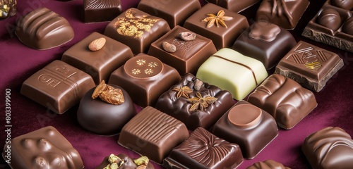 An array of premium, artisanal chocolates, each piece a work of art, meticulously arranged on a velvet maroon presentation background.