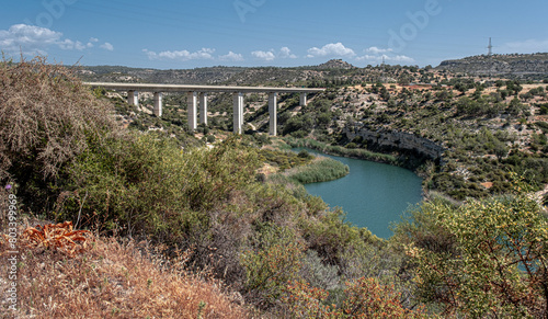 View of Symvoulos Dam and the water Reservoir, as seen from the circular walk around the lake, located near Satira village, west of Limassol, Cyprus 