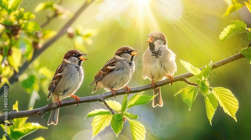 flock of small sparrow chicks sits among the blooming white branches of an apple tree in a spring park. AI generated illustration