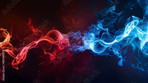 Red and Blue Abstract Art with Glowing Waves and Smoke on Black Background. Concept Abstract Art, Glowing Waves, Smoke Effects, Red and Blue Colors, Black Background