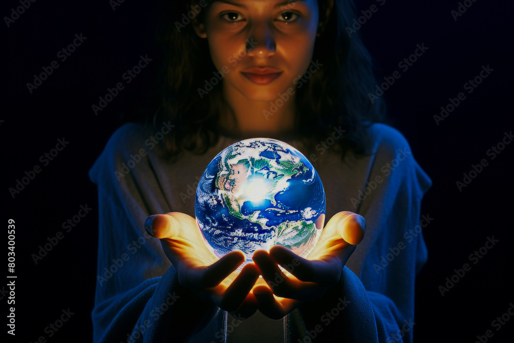 Fototapeta premium A 20-year-old woman holding a glowing globe in her hands at night, signifying her potential to change the world.