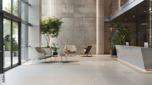 Sleek Reception Desk in Contemporary Lobby with Neutral Tones and Minimalist Style