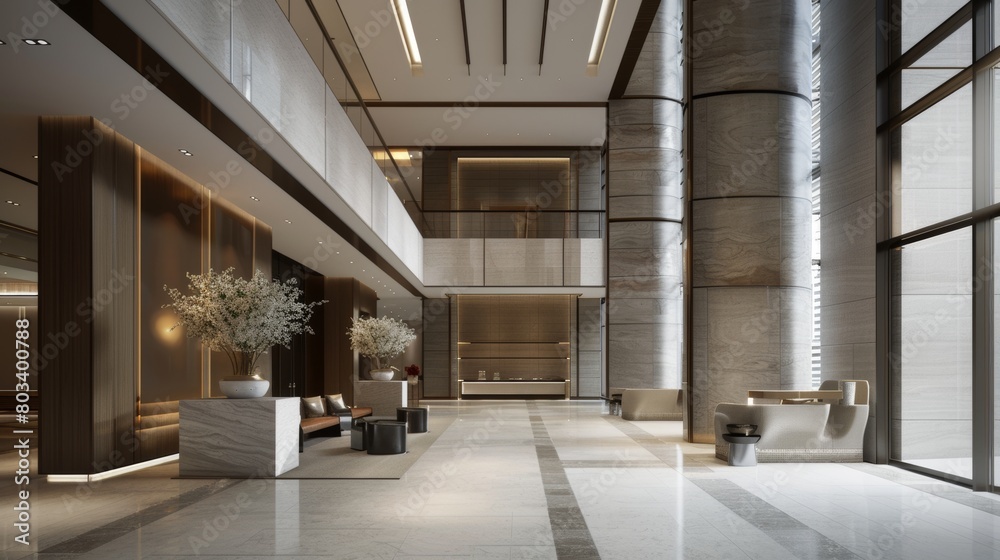 Spacious Modern Lobby with Neutral Palette Aerial View