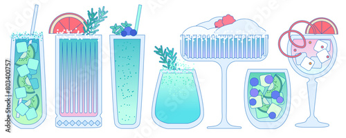 Cocktails set. Soft drinks with lime, ice cubes, mint. Margarita cocktail. Refreshing summer lemonade. Alcohol drink for bar. Non-alcoholic beverage. Flat vector illustration with outline, gradient