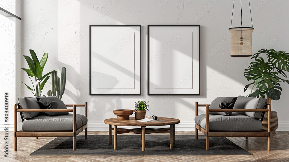 a mockup with a poster frame displayed in a Scandinavian-inspired interior setting a mockup with a poster frame displayed in a Scandinavian-inspired interior setting