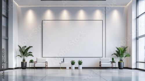 Comfortable office lobby interior with blank white wall. hyper realistic 