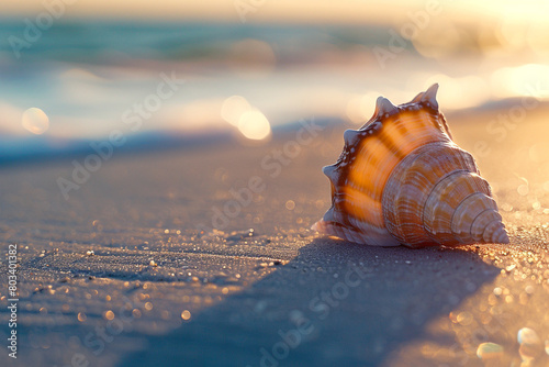 A close-up of a seashell lying on a sandy beach, washed by the tide