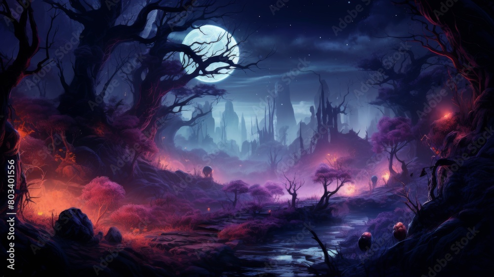 fantasy forest in moonlight, style Halloween 