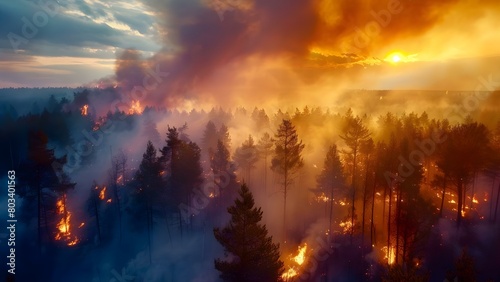  Rising Global Temperatures  Aerial Drone Captures Forest Wildfire . Concept Environmental Crisis  Aerial Photography  Climate Emergency  Changing Landscapes  Drone Footage