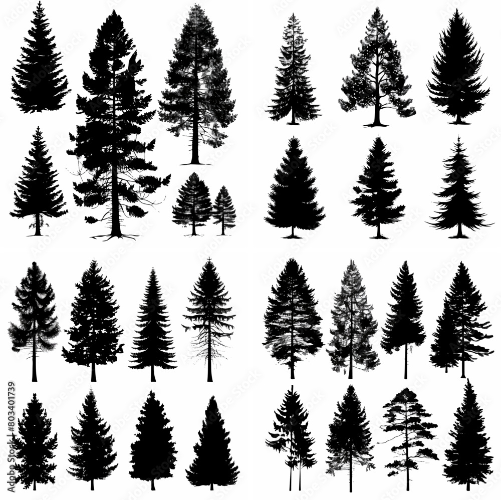 Obraz premium black tree silhouette set pure badge eco outline recreation breath emblem label protection graphic pine trunk woodland