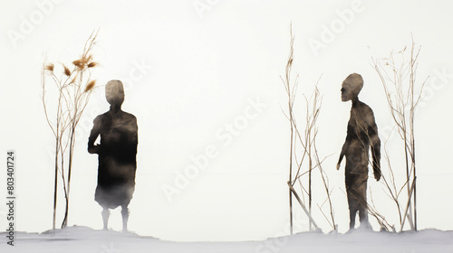 Two isolated figures against a stark white backdrop, facing away from each other, amidst dry, withering plants.