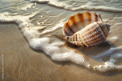 A close-up of a seashell lying on a sandy beach, washed by the tide