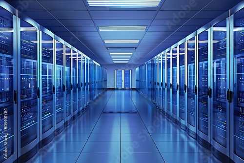 Symmetrical view down a corridor of server racks in a futuristic data center. Advanced technology and data management concept. Suitable for design about cloud storage and data infrastructure.