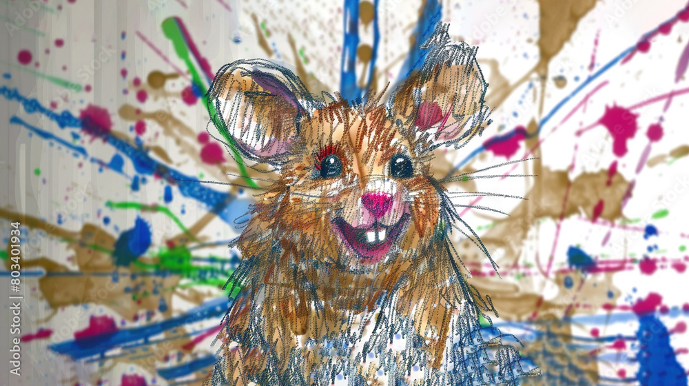 Obraz premium A painting of a mouse with splatters of blue, red, yellow, green, and orange paint on its face against an abstract background