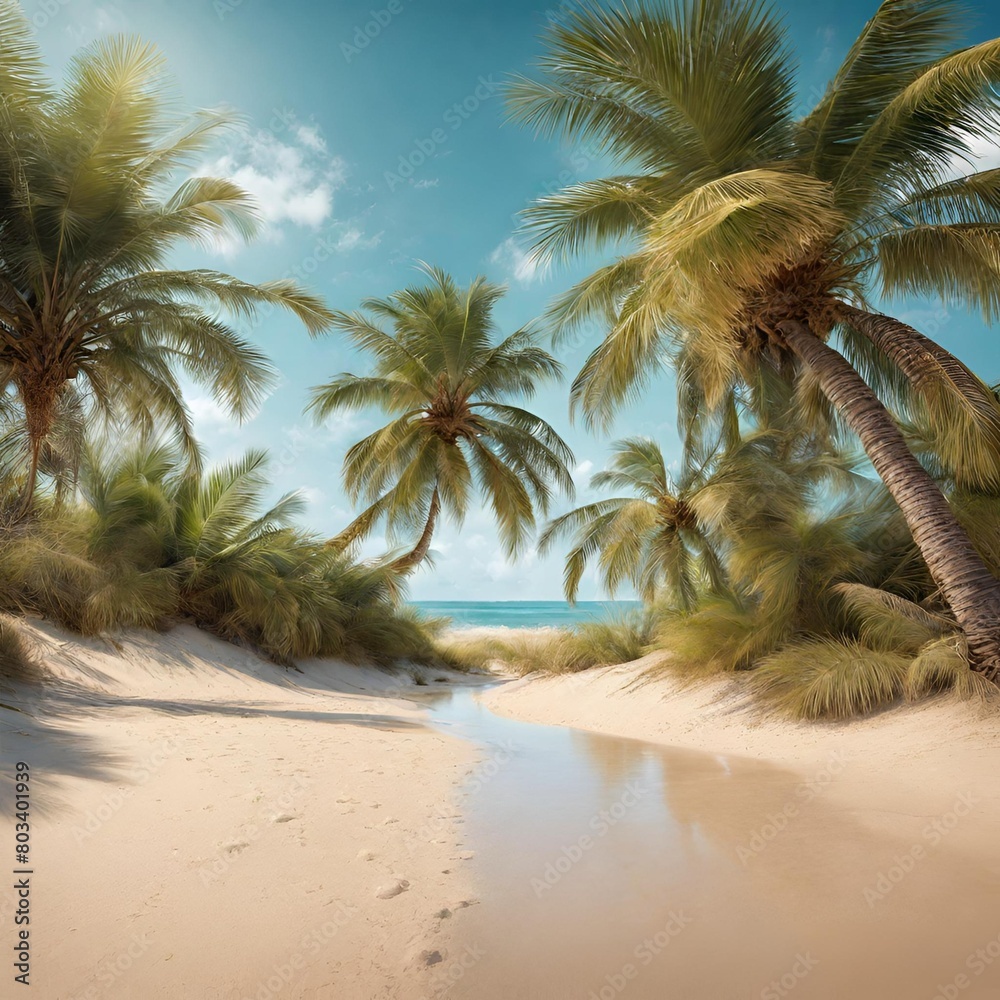 Obraz premium Palm Tree Haven Idyllic Summer Beachscape by the Sea.