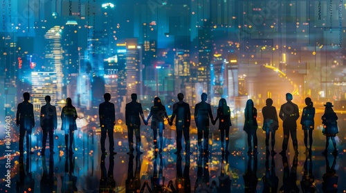 Double exposure panoramic teamwork business join hand together with silhouette business people and modern city background. Business team standing hands together, Volunteer charity work.  photo