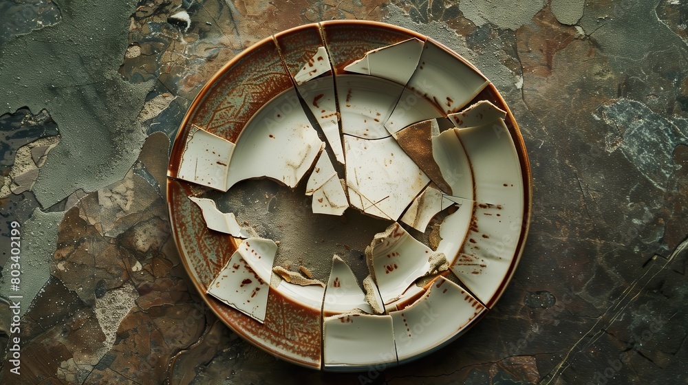 Beautiful stylish plate broken into pieces, top view background Beautiful stylish plate broken into pieces, top view background