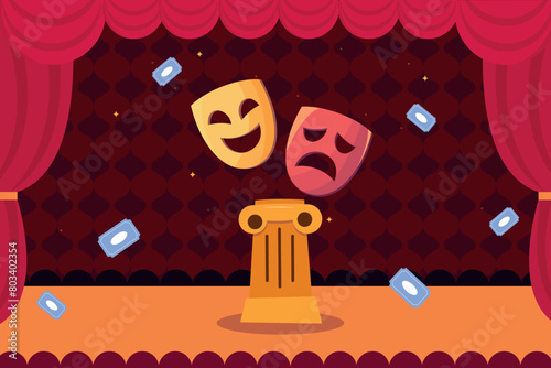 Vector illustration of a theater symbol - theater masks. Cartoon scene of beautiful theatrical masks: comic and tragic, decorative red curtain, hall with audience seats, tickets, floor, Greek column. © MVshop