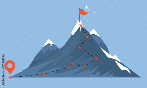 Vector illustration of climbing to the top of the mountain with a red flag in cartoon style. The concept of leadership, achieving success, goals in work, study, business isolated on a blue background.