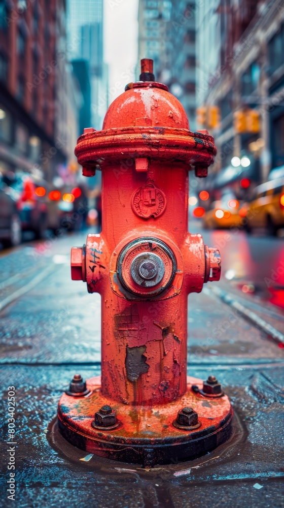 a vibrant red fire hydrant stands prominently on a city street
a vibrant red fire hydrant stands prominently on a city street