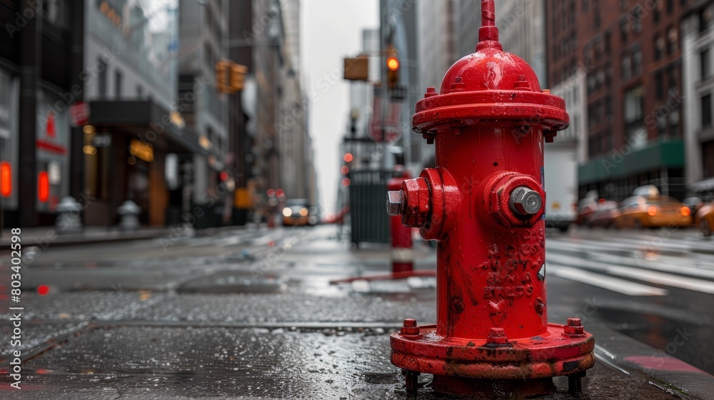a vibrant red fire hydrant stands prominently on a city street
