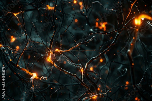 Intricate  illustration of a neural network with glowing connections  representing synapses in the human brain or advanced artificial intelligence pathways  in a dark