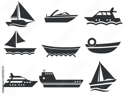 Set of beautiful dark marine transport icons in cartoon style. Vector illustration of various: sailboat, motor boat, yacht, cruise liner, ship, lifeboat, sea waves isolated on white background.