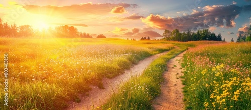 Background concept of travel - a road in a flowering spring meadow at sunset