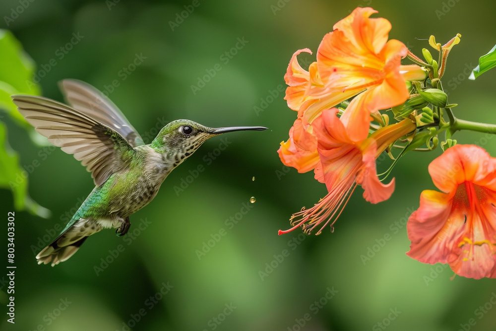Fototapeta premium A close-up of a hummingbird hovering near a nectar-filled flower