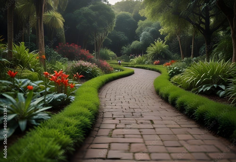 A botanical garden, with blurred visitors strolling through, merging into the lush greenery, generative AI