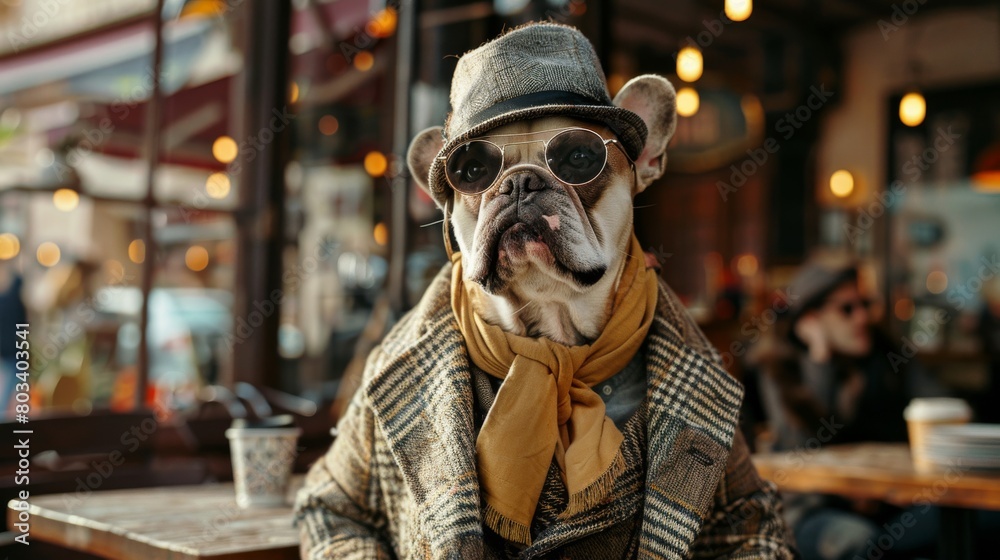 Well-dressed pug dog wearing sunglasses, a hat, and a scarf sits at a cafe table, exuding urban chic against the backdrop of a busy coffee shop setting