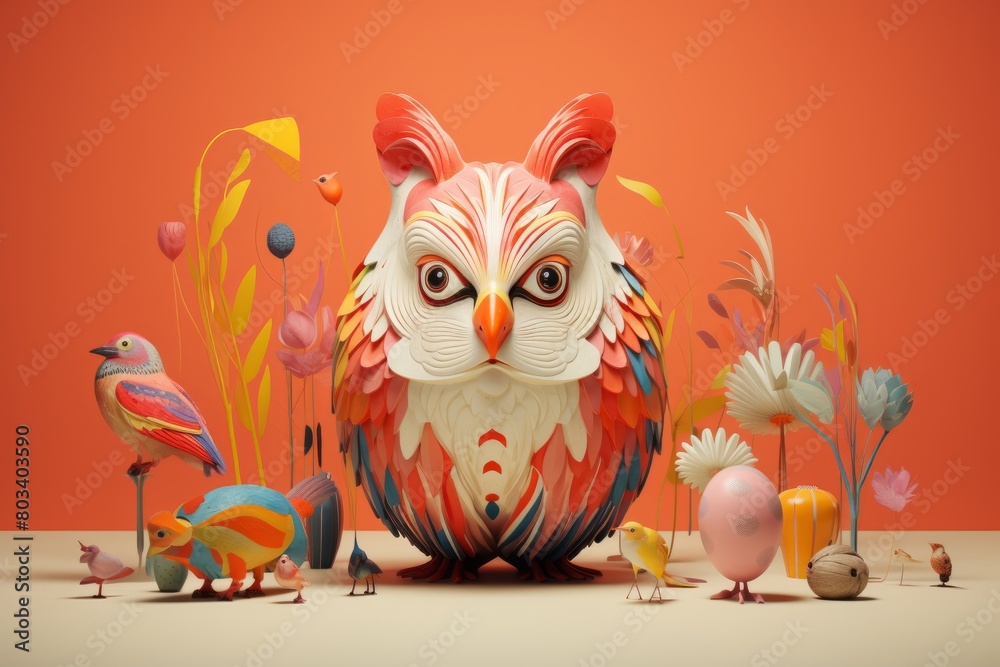 Vibrant Paper Art Owl and Birds Vibrant Paper Art Owl and Birds