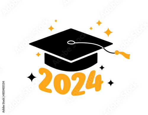 Graduation 2024 greeting card, poster. Vector flat illustration. Black color academic cap and golden 2024 numbers on white background. Mortarboard graduate symbol