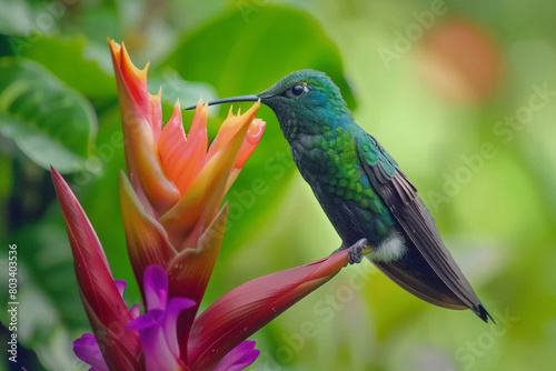 A close-up of a hummingbird feeding on the nectar of a flower