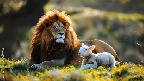 Jesus depicted as both a sacrificial lamb and triumphant lion Lion and lamb in meadow. Concept Religious Symbolism, Biblical Imagery, Lion and Lamb Depiction photo