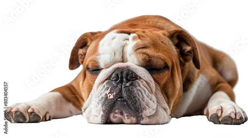 A content Bulldog with wrinkled face, isolated on transparent background. 