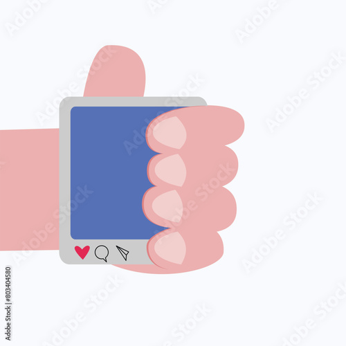 vector image of a hand holding a social media frame, depicting a social media post