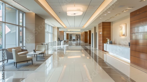 Spacious Neutral-Toned Lobby Interior Wide-Angle View.