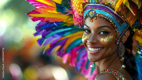 Smiling Brazilian Woman Dancing Samba in Carnival Attire. Concept Brazilian Carnival, Samba Dance, Festive Attire, Joyful Expression, Cultural Celebration