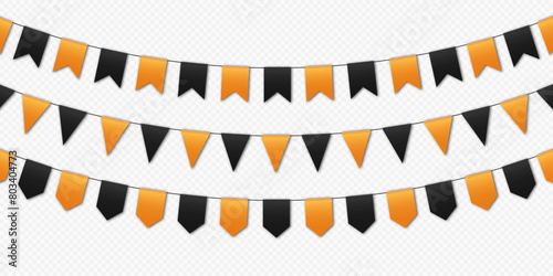 Party flags, bunting flags garland, orange and black pennants hanging on a rope. Halloween vector decoration.