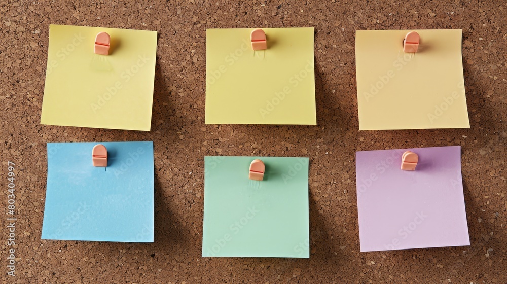 Six blank pastel-colored post-it notes are pinned neatly to a brown cork board
Six blank pastel-colored post-it notes are pinned neatly to a brown cork board