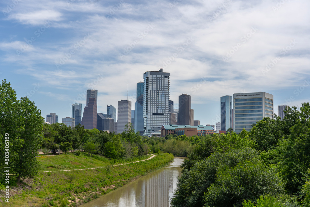 Houston, Texas, city skyline, Rosemont Bridge view, Buffalo Bayou, Urban greenway and recreation.